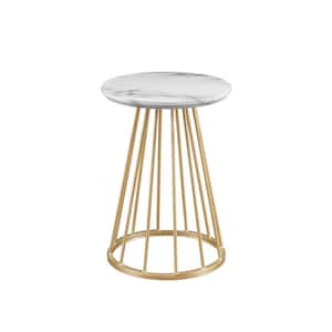 16 in. Faux White Marble/Gold Modern Round Wood-Top End Table with Metal Cage Base