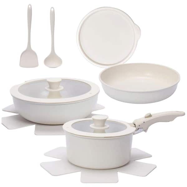 Aluminum 11-Pieces Off-White Nonstick Cookware Set Induction Compatible Detachable Handle Silicone Tools