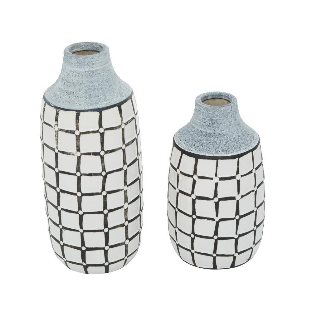 Coastal Charm White Ceramic Vase Duo with Grid Pattern