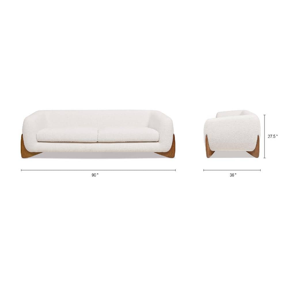 Ivory White Bouclé 90" Sofa with Oak Legs
