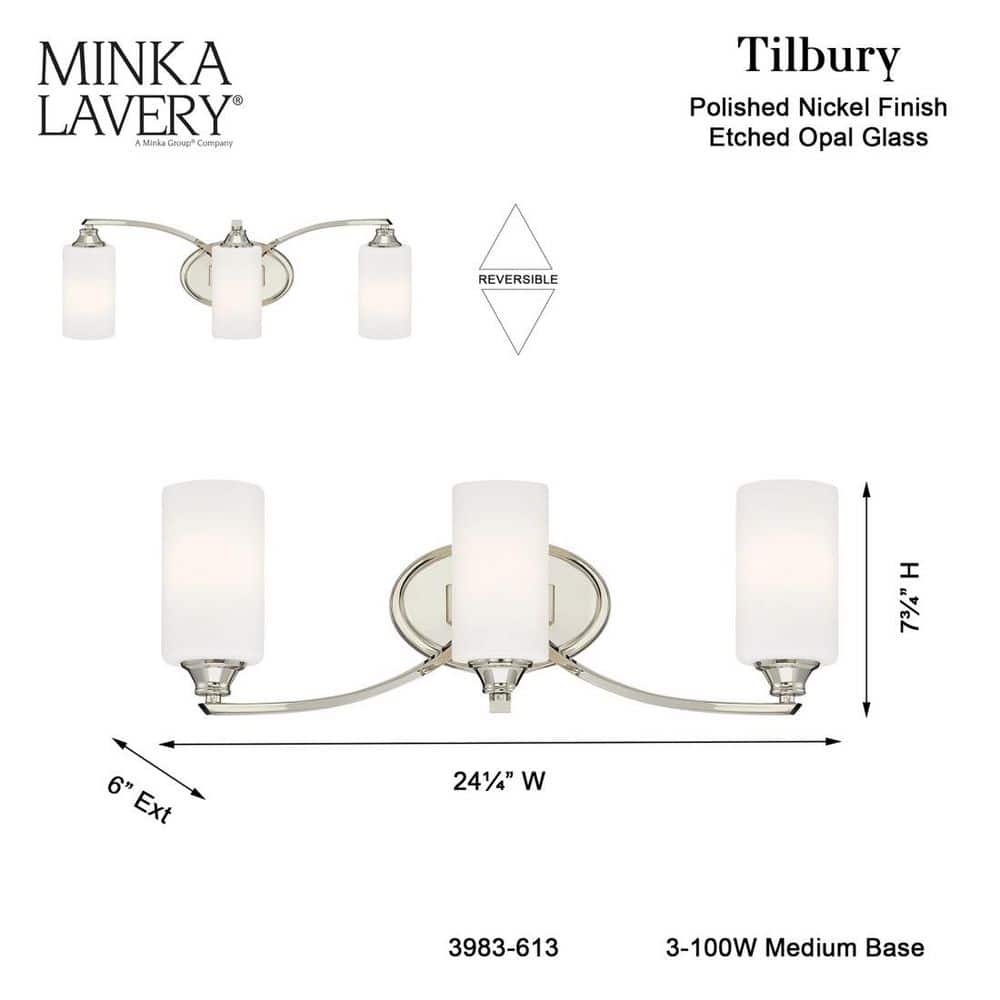 Elegant Polished Nickel 3-Light Bath Vanity with Etched Opal Glass Shades
