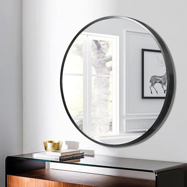 July 30 in. x 30 in. Black Modern Round Aluminum Alloy Framed Decorative Mirror