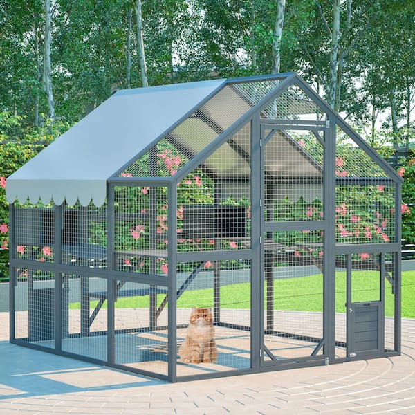 Large Walk-in Cat House Outdoor Cat Run Enclosure Wooden Cat Catio with Enter Door and Roof Cover, Gray