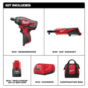M12 12V Lithium-Ion Cordless 3/8 in. Ratchet and Screwdriver Combo Kit (2-Tool) with Battery, Charger, Tool Bag