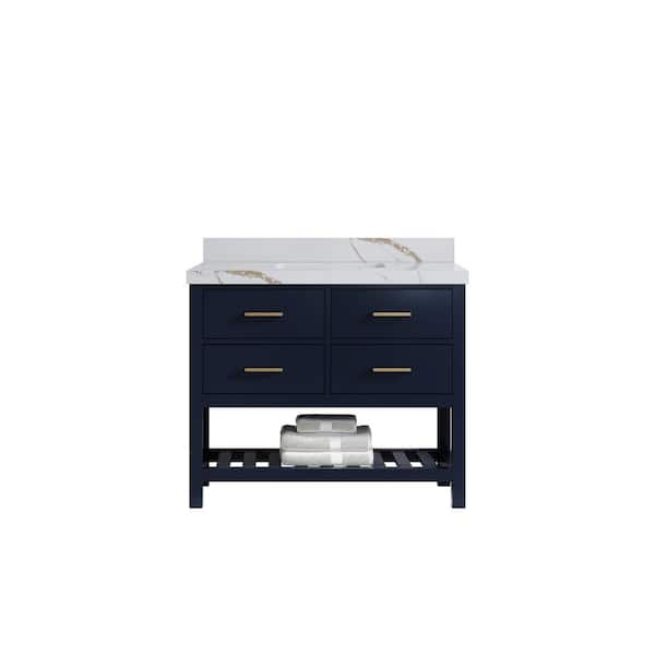 Willow Collections Parker 42 in. Single Sink Freestanding Navy Blue Bath Vanity with Calacatta Gold Quartz Top Unassembled