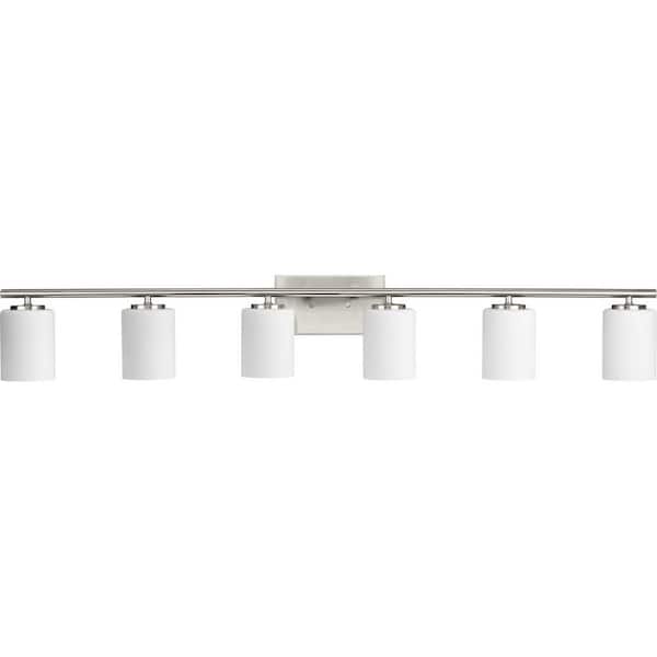 Progress Lighting Replay Collection 48 in. 6-Light Brushed Nickel Vanity Light with Etched White Glass Shades Modern Bath for Bathroom