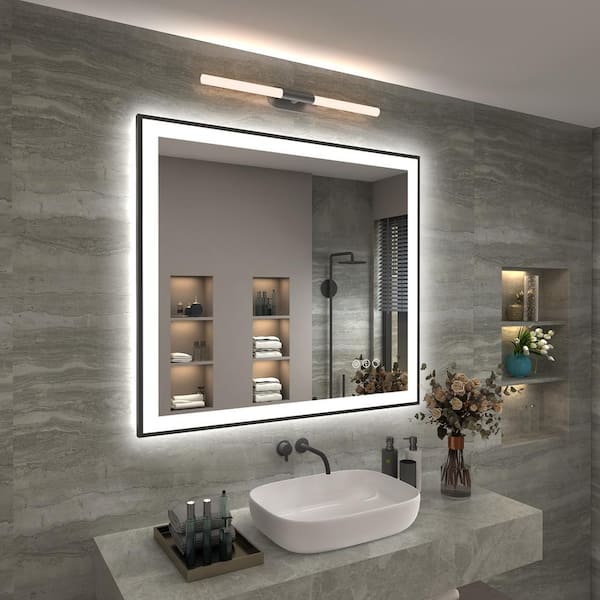 Apmir 32 in. W x 36 in. H Rectangular Space Aluminum Framed Dual Lights Anti-Fog Wall Bathroom Vanity Mirror in Tempered Glass