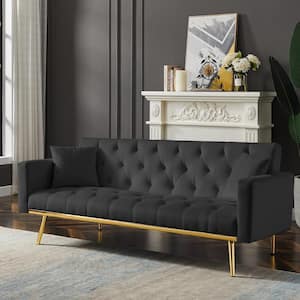 Black 73.2 in. Upholstered Sleeper Sofa Velvet Futon Sofa Bed, 3-Seater Button Tufted with 2-Pillows Gold Metal Legs