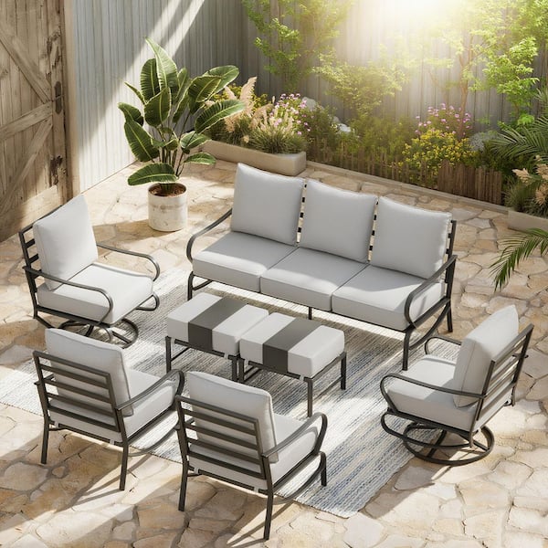 ELPOSUN Black 7-Piece Metal Outdoor Patio Conversation Set 9-Seat Seating Set with Gray Cushions, 2 Swivel Chairs, 2 Ottomans