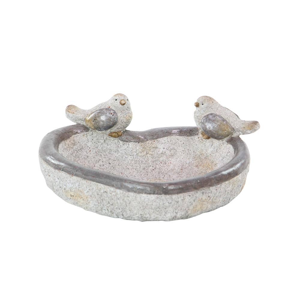 Gray Polystone Bird Garden Sculpture with Bath Bowl