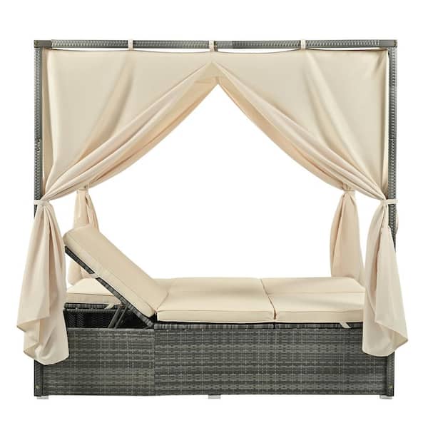 Sudzendf Gray Metal Outdoor Adjustable Day Bed with Curtain and Beige Cushions