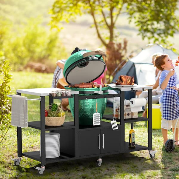 65 in. W Outdoor Stainless Steel Grill Cart Table Stand for Big Green Egg with Storage Cabinet and Wheels