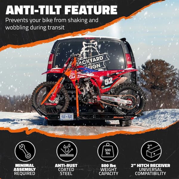 510 lbs. Capacity Dirt Bike Hitch Hauler - Ramp Free, Tilting Design for Easy 1-Person Loading - Gas Can Attachment