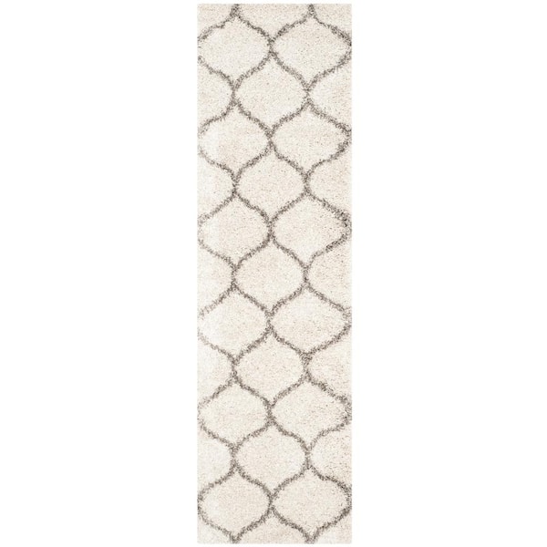 SAFAVIEH Hudson Shag Ivory/Gray 2 ft. x 10 ft. Geometric Trellis Runner Rug