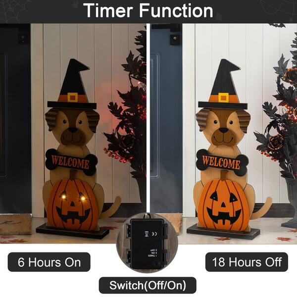 Glitzhome 30 in. H Halloween Wooden Lighted Witch Dog Porch Decor