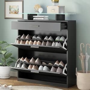 41 in. H x 35 in. Black Tempered Glass Top Shoe Storage Cabinet with LED Light Entryway Organizer with 2-Flip Drawers