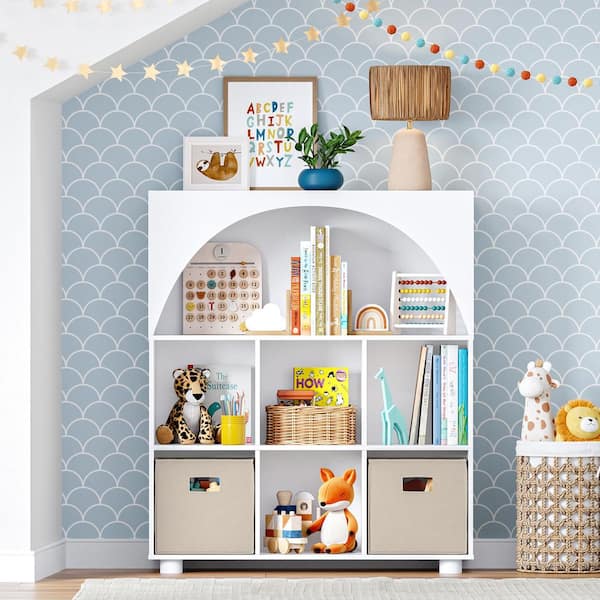 Kids Curve Appeal 35 in. Wide 6 Cubby Bookcase with 2-Piece Taupe Bins