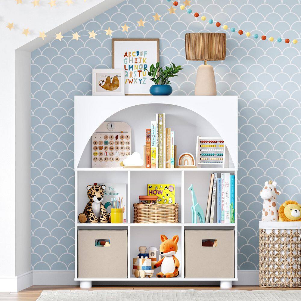 Kids Curve Appeal 35 in. Wide 6 Cubby Bookcase with 2-Piece Taupe Bins price history on PriceWatchPro