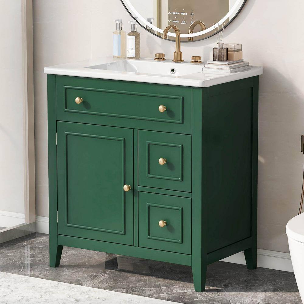 30 in. W Single Sink Freestanding Bath Vanity in Green with White Ceramic Top, Door and 2-Drawers price history on PriceWatchPro