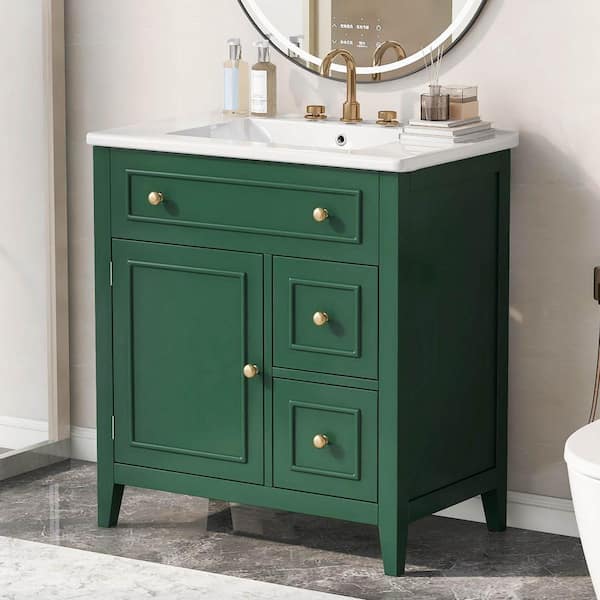 30 in. W Single Sink Freestanding Bath Vanity in Green with White Ceramic Top, Door and 2-Drawers