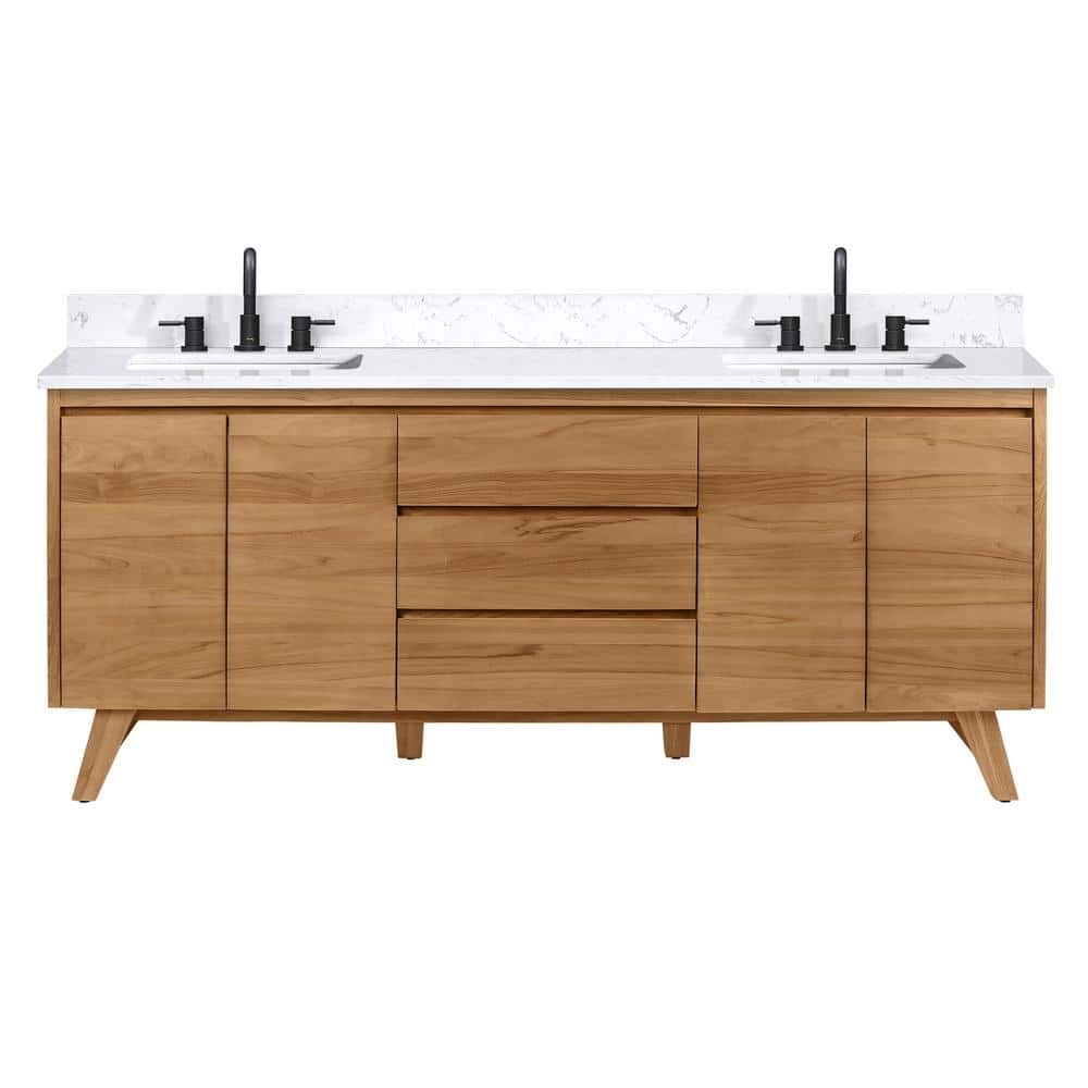Coventry 73" Natural Teak Double Sink Vanity with White Stone Top