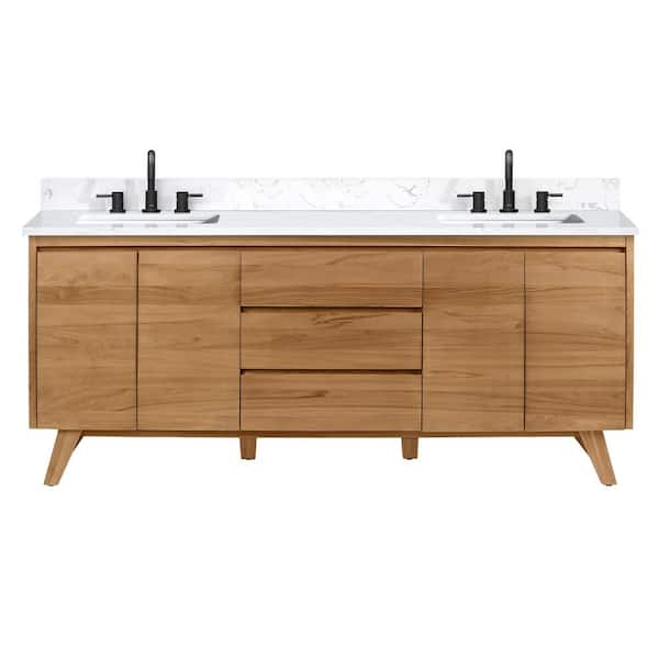 Coventry 73 in. Double Sink Natural Teak Bath Vanity with Cala White Engineered Stone Top