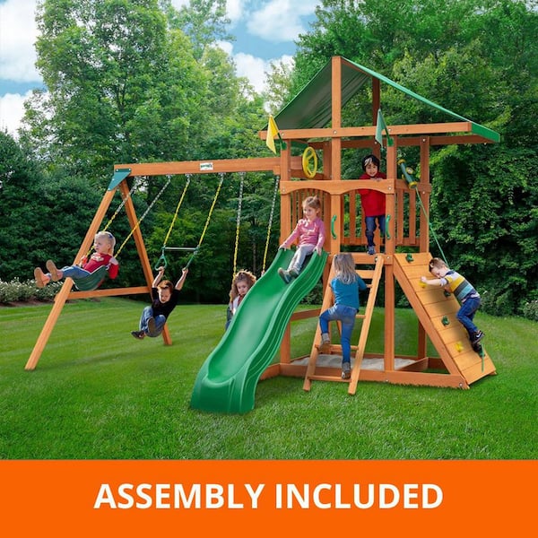 Professionally AssembledOuting III Kids Outdoor Playground Set with Vinyl Roof, Slide, Rock Wall, Swing Set, Swing Set