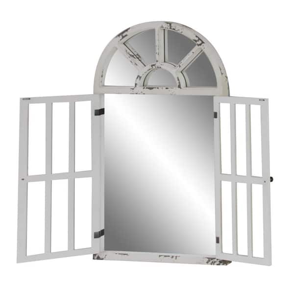46 in. x 26 in. Window Pane Inspired 2 Door Arched Framed White Wall Mirror with Arched Top and Distressing