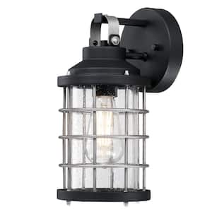 Villa Barone 1-Light Textured Black and Industrial Steel Finish Outdoor Wall Mount Lantern with Clear Seeded Glass
