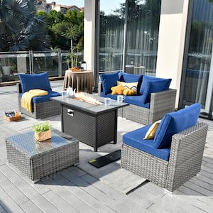 Sanibel Gray 6-Piece Wicker Outdoor Patio Conversation Sofa Sectional Set with a Metal Fire Pit and Navy Blue Cushions