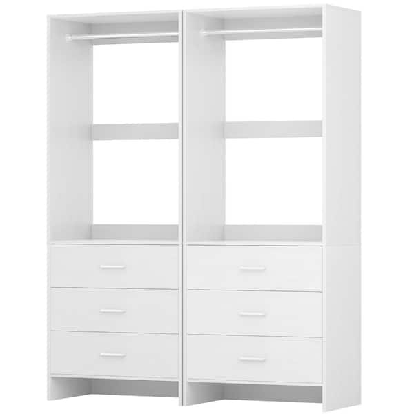 4FT Wood Closet Systems with Hanging Rods Walk-in Closet Organizer with 6 Drawers Set of 2 White