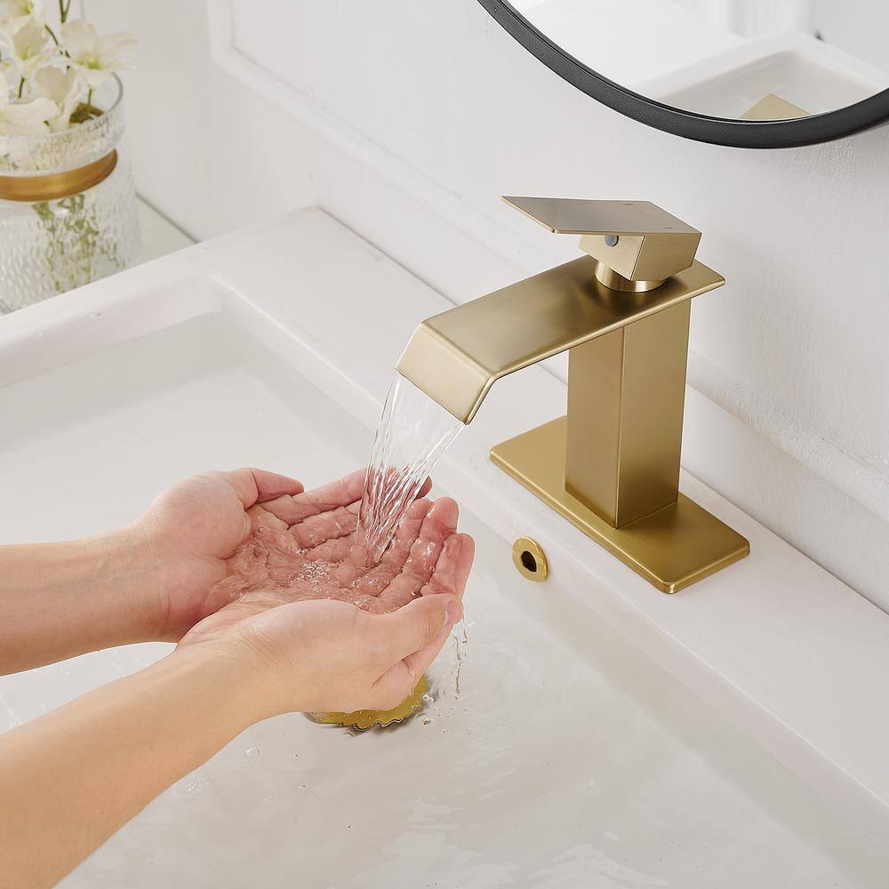 Brushed Gold Single-Handle Low-Arc Bathroom Faucet with Supply Line