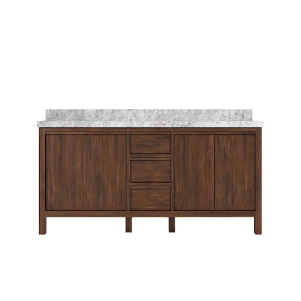 Willow Collections Elizabeth Teak 72 in. W x 22 in. D x 36 in. H Double Sink Bath Vanity in Dark Walnut with 2 in. Carrara Marble Top