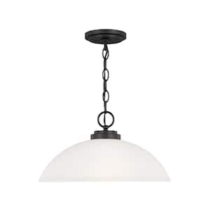 Oslo 15.75 in. 1-Light Midnight Matte Black Transitional Contemporary Hanging Pendant with Etched White Glass Shade
