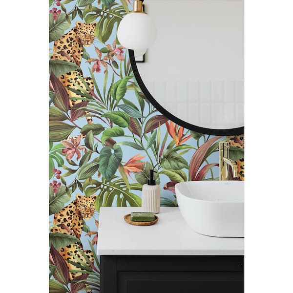 40.5 sq. ft. Gloss Sky Blue Tropical Leopard Vinyl Peel and Stick Wallpaper Roll