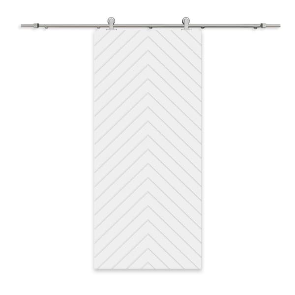CALHOME Herringbone 36 in. x 80 in. Fully Assembled White Painted MDF Modern Sliding Barn Door with Hardware Kit