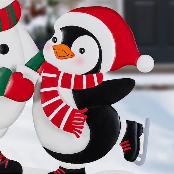 Glitzhome 32 in. H Christmas Metal Skiing Snowman and Penguin Yard