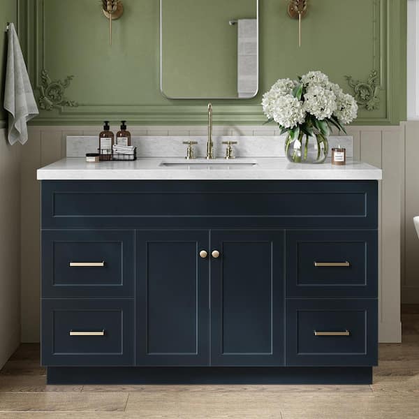 ARIEL Hamlet 55 in. W x 22 in. D x 36 in. H Freestanding Bath Vanity in Midnight Blue with White Marble Top
