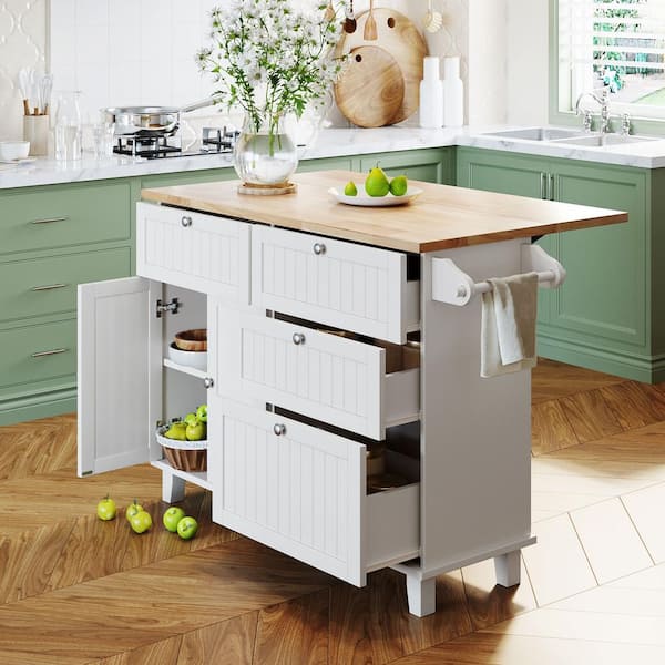 grossag 3-Piece White Wood 50.3 in. Kitchen Island with Extended Table, 2-Seatings Kitchen Cart with 4 Drawers