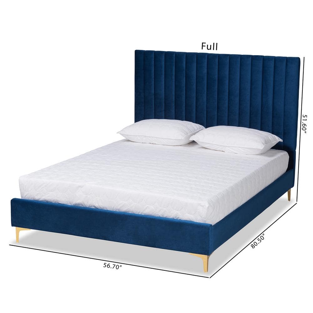 Luxurious Navy Blue Velvet Full/Double Platform Bed with Gold Metal Legs