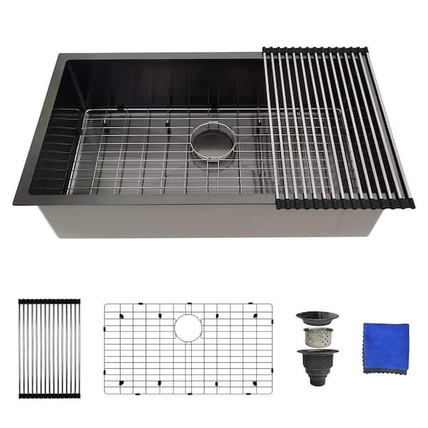 32 Inch Black Undermount Kitchen Sink-32"x18" 16 Gauge Stainless Steel Single Bowl Sink with 4 Accessories