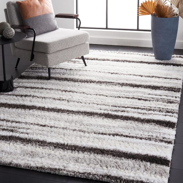 Berber Shag Light Grey/Dark Grey 7 ft. x 7 ft. Solid color Striped Square Area Rug