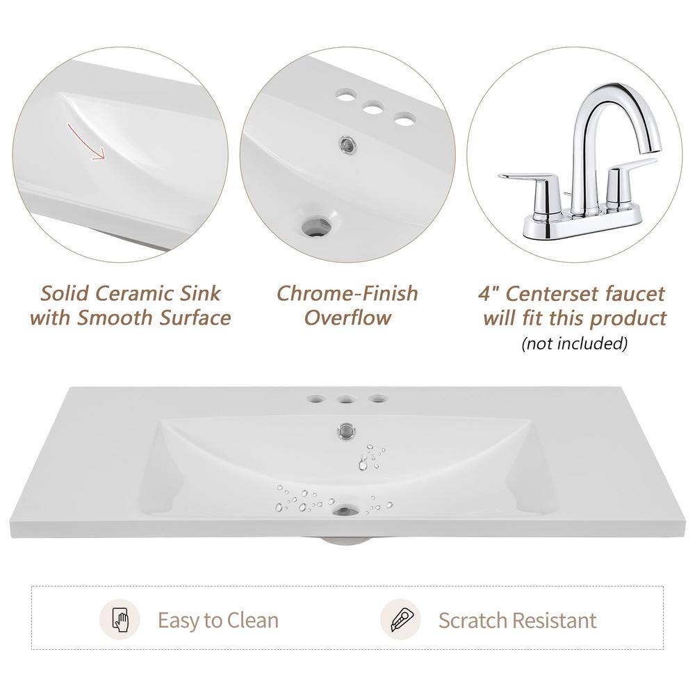 36" White Ceramic Undermount Single Bathroom Vanity Top