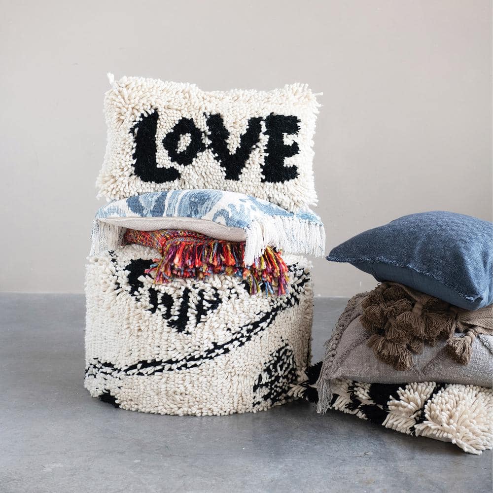 Black and Cream Woven Wool Shag Lumbar Pillow with Love Design