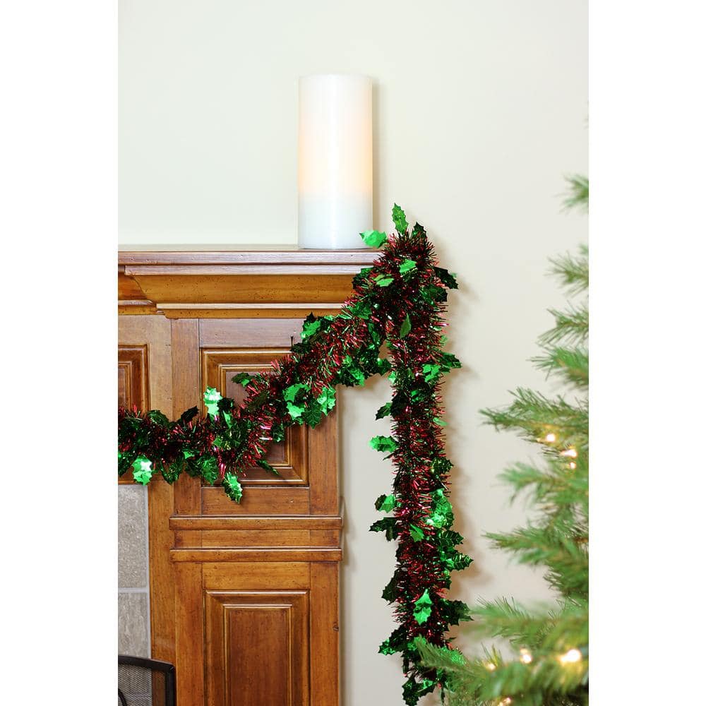 50' Red and Green Tinsel Christmas Garland with Holly