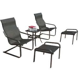 Outdoor 5-Piece Metal Patio Conversation Armchair with Spring Motion, Ottoman and Quick Dry Textile, Dark Gray