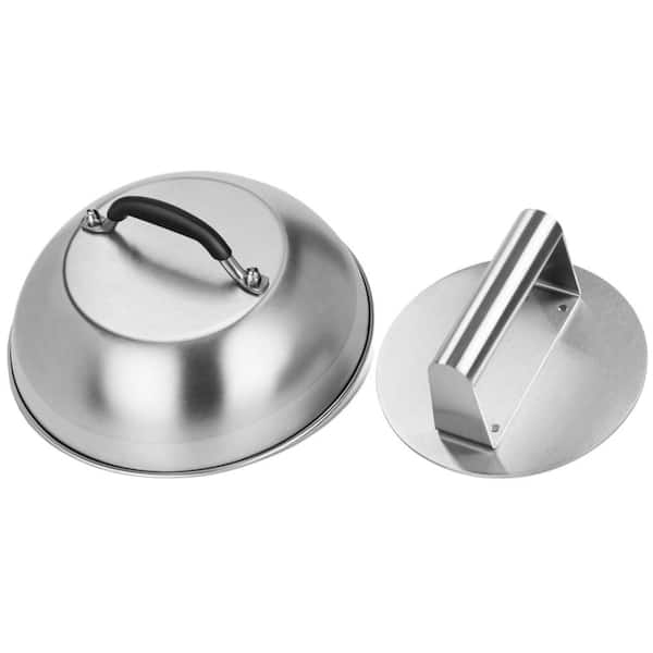 Stainless Steel Round Cheese Melting Dome and Smashed Burger Press for Flat Top Grill Cooking, Silver (1-Pack)