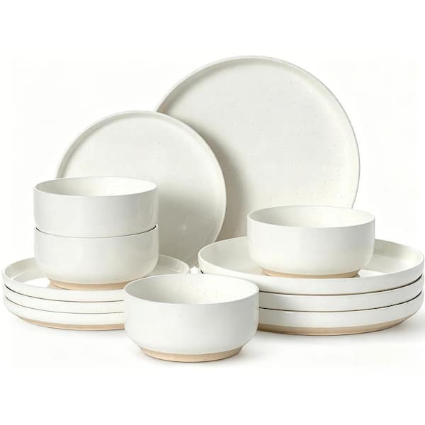 12-Piece Speckled Cream White Porcelain Scratch Resistant Dishes Plates Bowls Kitchen Set (Service for 4)