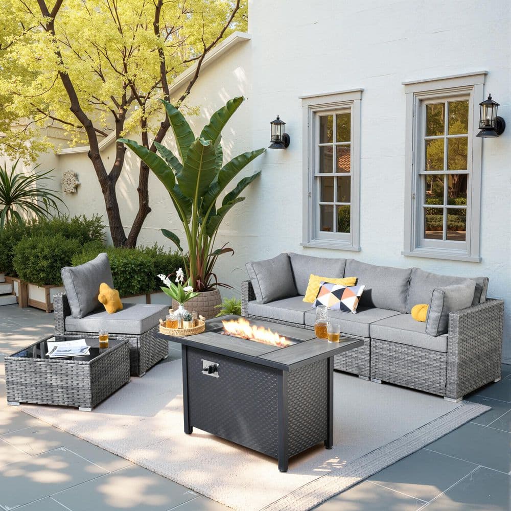Messi Gray 6-Piece Wicker Outdoor Patio Conversation Sectional Sofa Set with a Metal Fire Pit and Dark Gray Cushions price history on PriceWatchPro