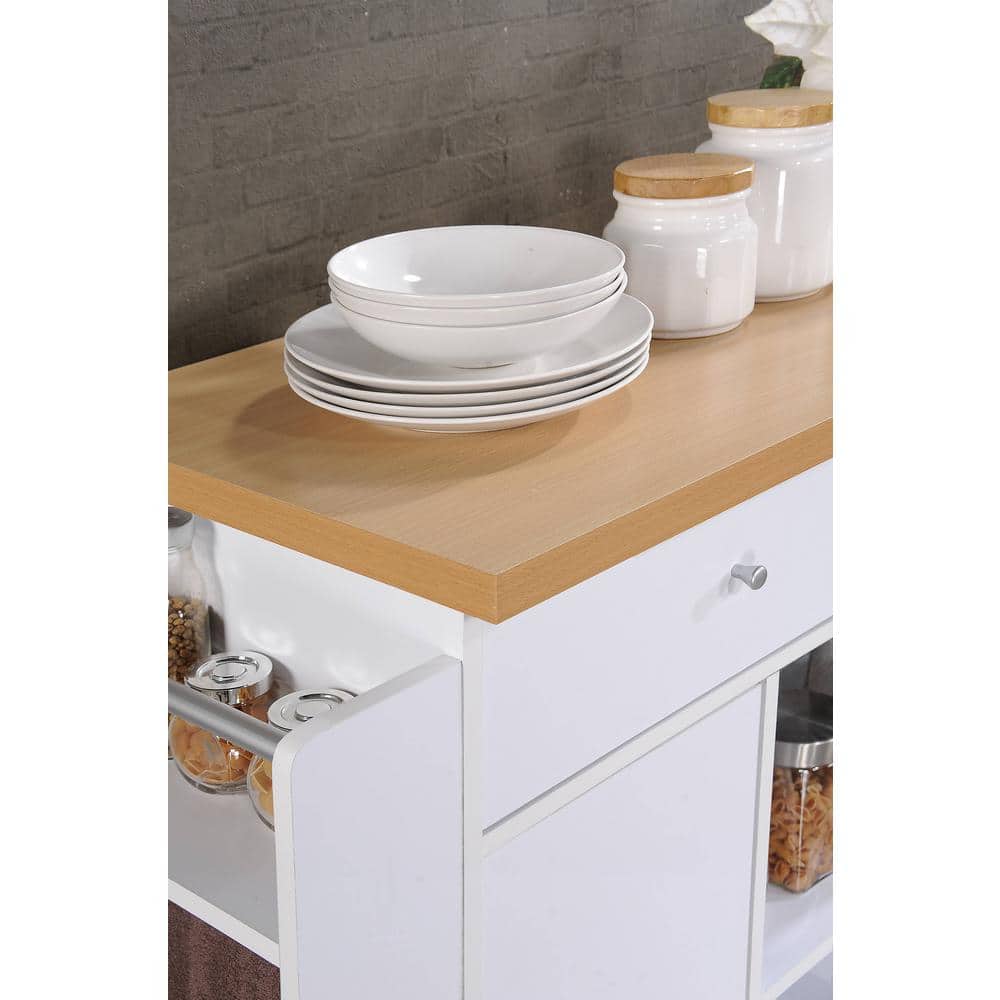 Elegant White Compressed Wood Kitchen Island with Spice and Towel Rack